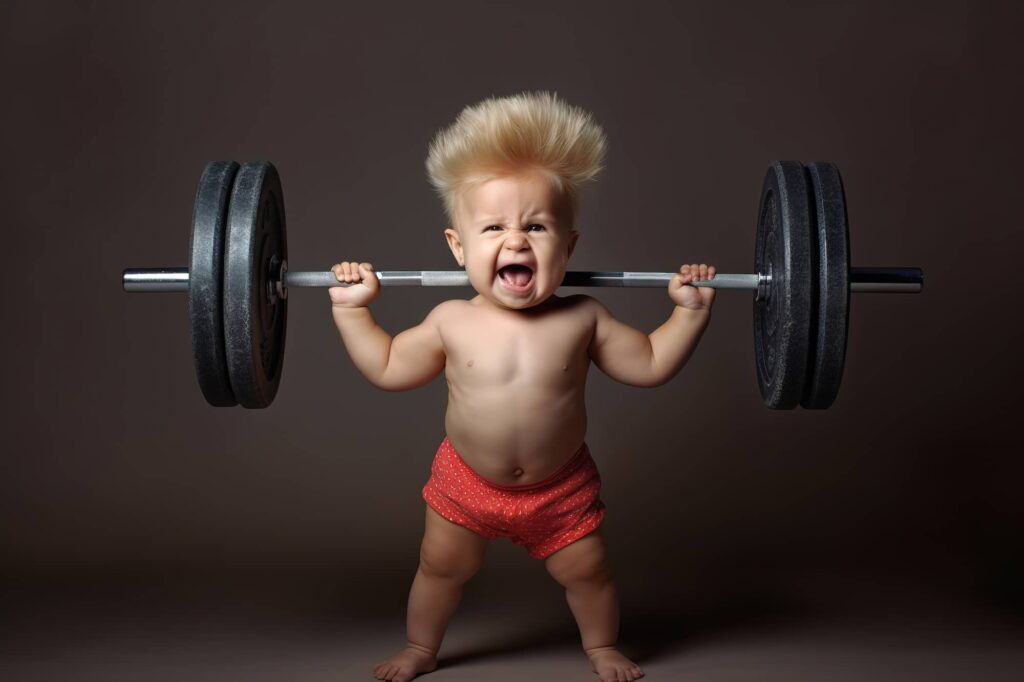 Toddler with spiky blonde hair lifting a barbell with weighted plates while wearing red shorts against brown background